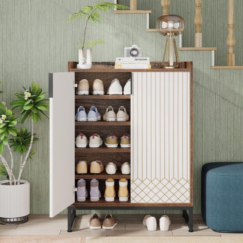 Tribesigns White 5 Tier Shoe Cabinet Entryway Storage For 25 Pairs Wood Organizer Brown 1 unit QFC