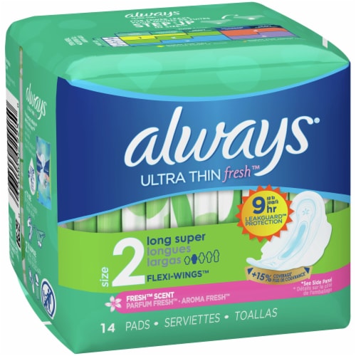 Always® Ultra Thin Fresh™ Size 2 Long Super Flexi-Wings™ Pads Perspective: front