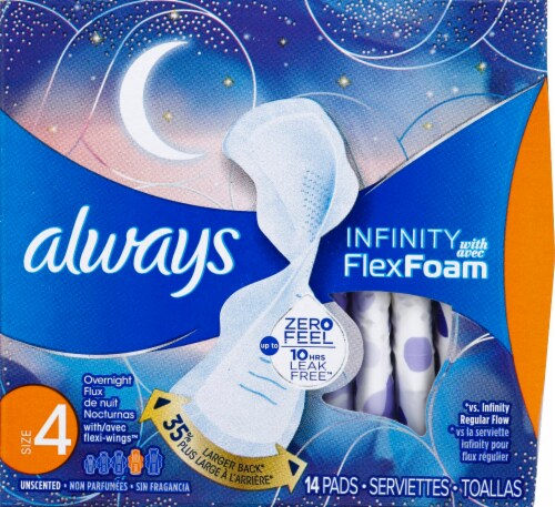 Always Infinity Size 4 Unscented Overnight Pads with Wings Perspective: front