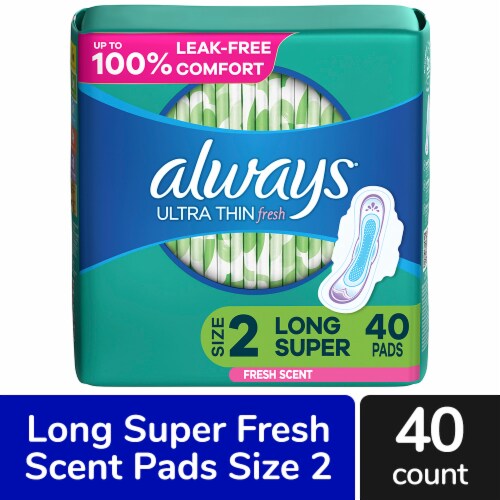 Always Ultra Thin Pads with Wings Long Super Absorbency Size 2 Fresh Scent Perspective: front