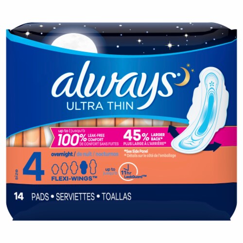 Always Ultra Thin Size 4 Overnight Pads with Wings Perspective: front