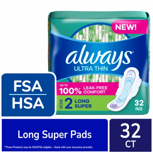 Always Ultra Thin Pads with Wings Long Super Absorbency Size 2 Unscented Perspective: front