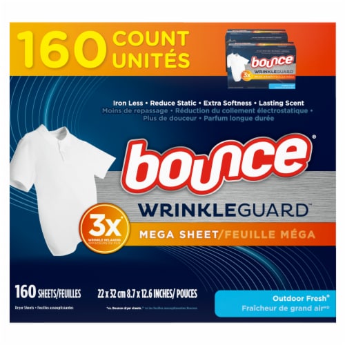 Bounce Wrinkle Guard Outdoor Fresh Mega Dryer Sheets Perspective: front