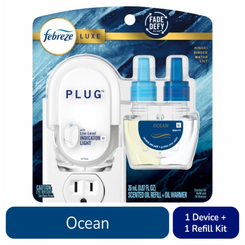 Febreze Origins Fade Defy PLUG Air Freshener & Odor Fighter Ocean Starter Kit & Oil Refill Perspective: front