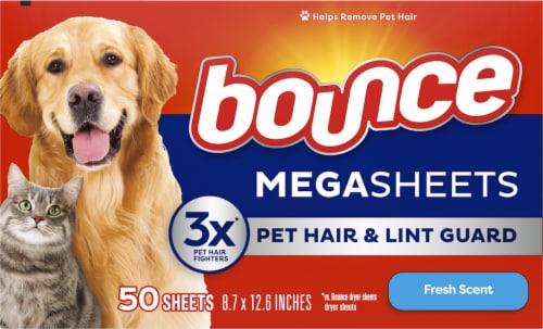 Bounce Pet Hair & Lint Guard Mega Dryer Sheets with 3X Pet Hair Fighters Fresh Scent Dryer Sheets Perspective: front