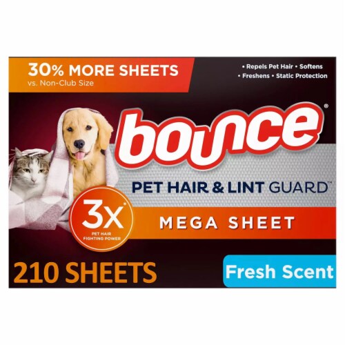 Bounce Pet Hair and Lint Guard Mega Dryer Sheets with 3X Pet Hair Fighters, Fresh Scent, 120 Count Perspective: front