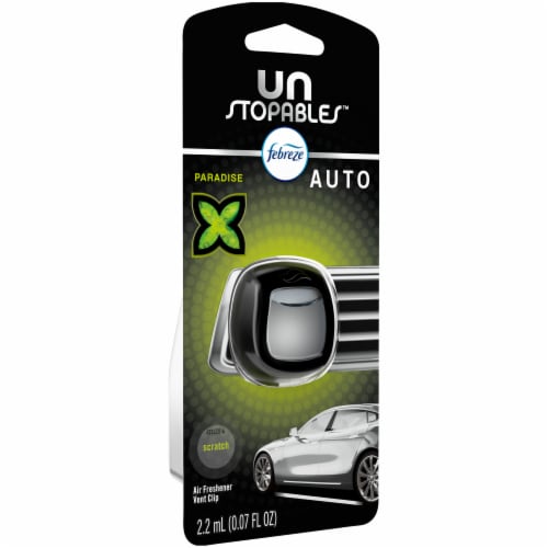Febreze Unstopables Paradise Scent Auto Air Freshener Car Vent Clip Perspective: front