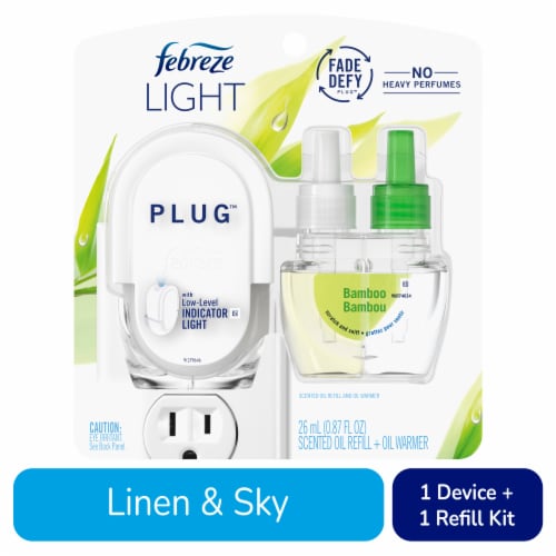 Febreze Bamboo LIGHT Fade Defy PLUG Air Freshener Starter Kit & Single Oil Refill Perspective: front
