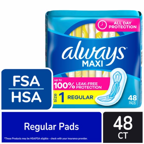 Always Maxi Pads Regular Absorbency Size 1 Unscented, 48 count - Baker’s