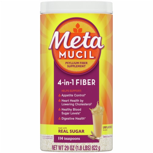 Metamucil 4-in-1 Psyllium Fiber Supplement Real Sugar Unflavored Coarse Texture Powder Perspective: front