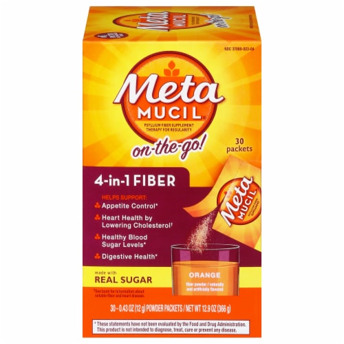 Metamucil 4-in-1 MultiHealth Real Sugar Fiber Orange Smooth Powder Packets Supplement Perspective: front