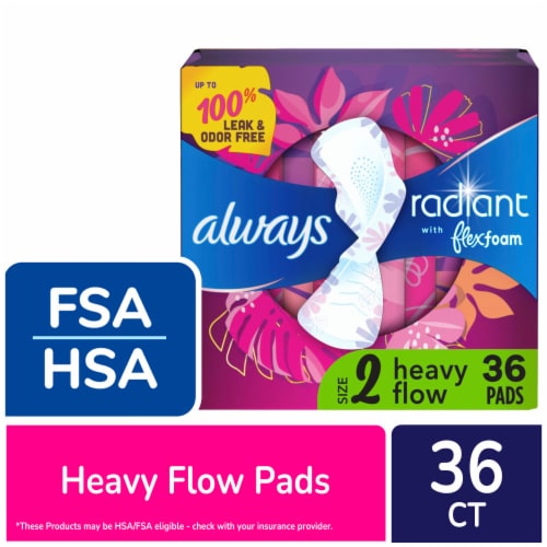 Always Radiant FlexFoam Pads with Wings Heavy Flow Absorbency Size 2 Scented Perspective: front