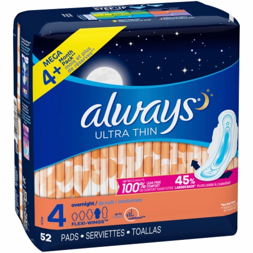 Always Ultra Thin Size 4 Overnight Pads With Wings Unscented, 52 ct - Metro  Market