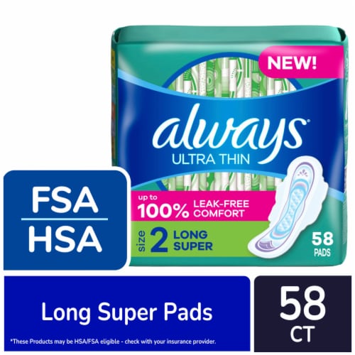 Always Ultra Thin Pads with Wings Long Super Absorbency Size 2 Unscented,  58 count - Kroger