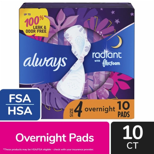 Always Radiant Overnight Feminine Pads for Women, Size 4 for Nighttime, with Wings Perspective: front