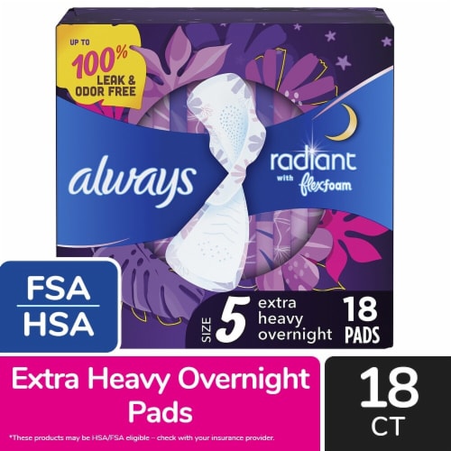 Always Radiant Overnight Feminine Pads for Women, Size 5, Extra Heavy Nighttime, with Wings Perspective: front