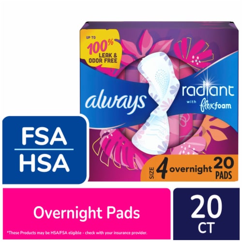 Always Radiant Size 4 Overnight Scented Pads With Wings Perspective: front