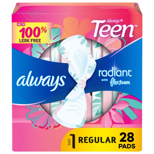 Always Radiant Teen Size 1 Regular Unscented Pads With Wings Perspective: front
