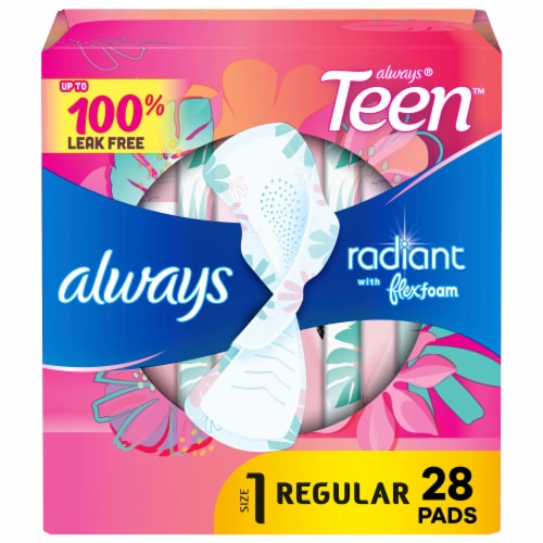 Always Radiant Teen Size 1 Regular Unscented Pads With Wings Perspective: front