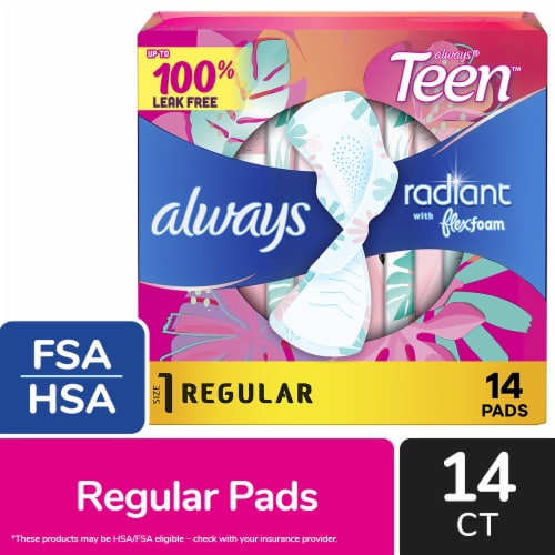 Always Radiant Teen Pads with FlexFoam Regular Absorbency Size 1 Unscented Perspective: front