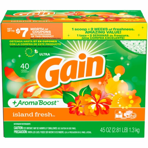 Gain Ultra plus AromaBoost Island Fresh Power Liquid Laundry Detergent Perspective: front