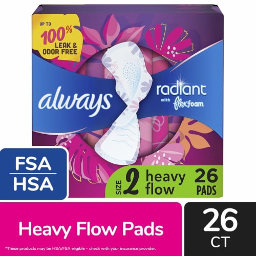 Always Radiant Feminine Pads for Women, Size 2 Heavy, with Wings, Light Clean Scent Perspective: front