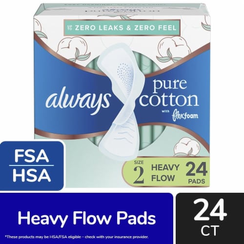 Always Pure Cotton FlexFoam Pads with Wings Heavy Flow Absorbency Size 2 Unscented Perspective: front
