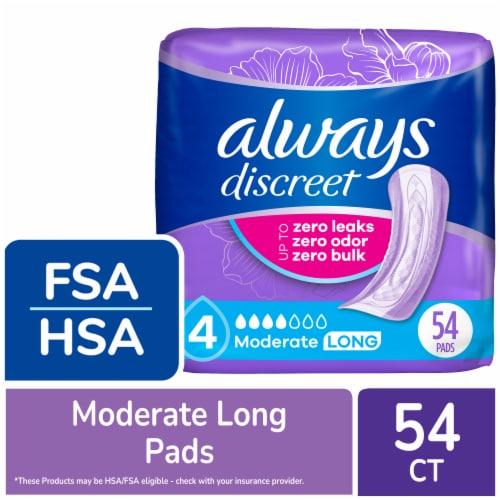 Always Discreet Moderate Long Size 4 Incontinence and Postpartum Pads Perspective: front