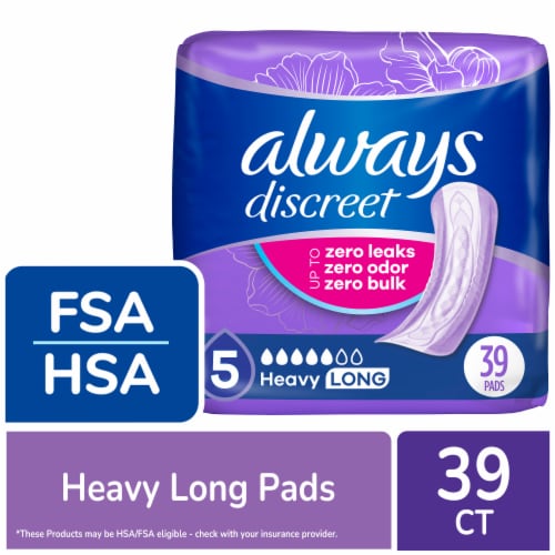 Always Discreet Heavy Long Size 5 Incontinence and Postpartum Pads, 39 ct -  Fred Meyer