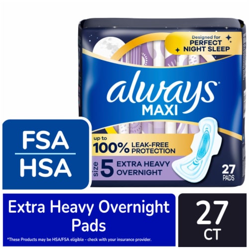 Always Maxi Pads with Wings Extra Heavy Overnight Absorbency Size 5  Unscented, 27 count - Kroger