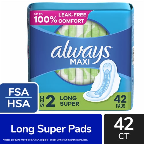Always Maxi Pads with Wings Long Super Absorbency Size 2 Unscented Perspective: front