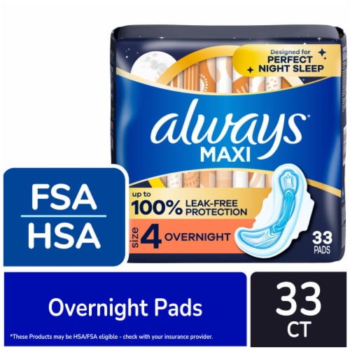 Always Maxi Pads with Wings Overnight Absorbency Size 4 Unscented, 33 count  - City Market