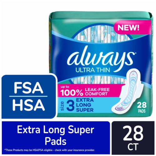 Always Ultra Thin Pads with Wings Extra Long Super Absorbency Size 3  Unscented, 28 count - Kroger