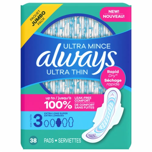 Always® Ultra Thin Size 3 Extra Long Unscented Super Pads with Flexi-Wings™ Perspective: front