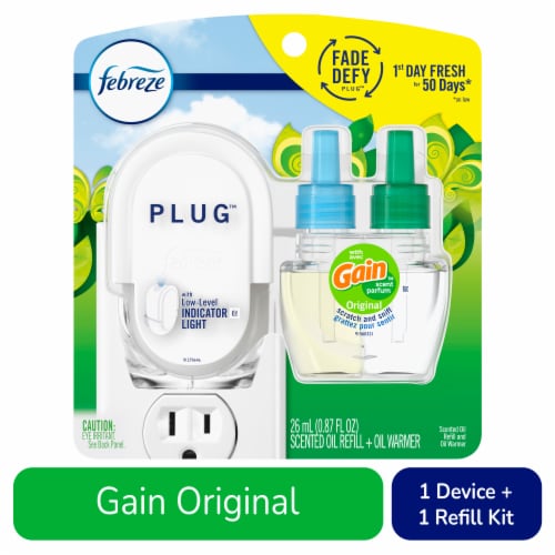 Febreze Fade Defy PLUG Air Freshener & Odor Eliminator Starter Kit with  Gain Original Oil Refill, 0.87 fl oz - Pay Less Super Markets