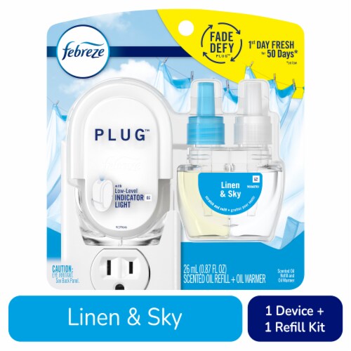 Febreze Plug In Air Freshener Odor-Fighting Scented Oil Starter Kit Linen & Sky Warmer + Refill Perspective: front