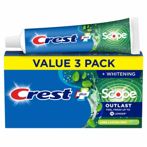 Crest Whitening Plus Scope Outlast Toothpaste, Long Lasting Mint, 5.4 oz Triple Perspective: front