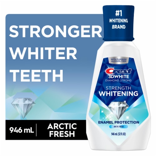 Crest Wintermint 3D White Diamond Strong Alcohol Free Fluoride Whitening Mouthwash Perspective: front