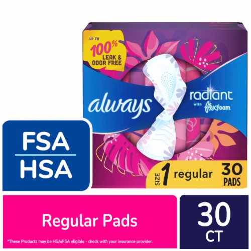 Always radiant teen regular flow pads with wings, unscented, 28 ct