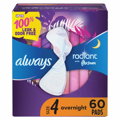 Always Radiant Size 4 with Wings Overnight Absorbency Scented Pads Perspective: front