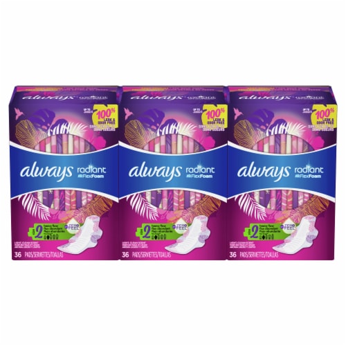 Always Radiant Size 2 Heavy Flow Light Scent Pads with FlexiWings Perspective: front