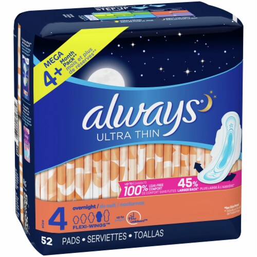 Always Ultra Thin Size 4 Overnight Pads with Wings Perspective: front