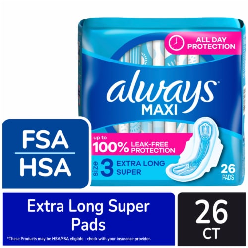 Always Maxi Pads with Wings Extra Long Super Absorbency Size 3 Unscented Perspective: front