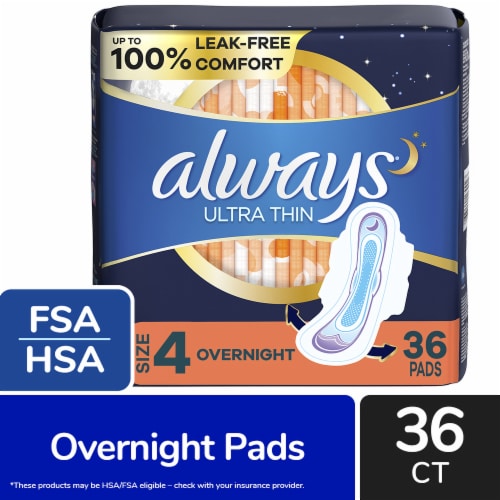 Always Ultra Thin Pads with Wings Overnight Absorbency Size 4 Unscented Perspective: front