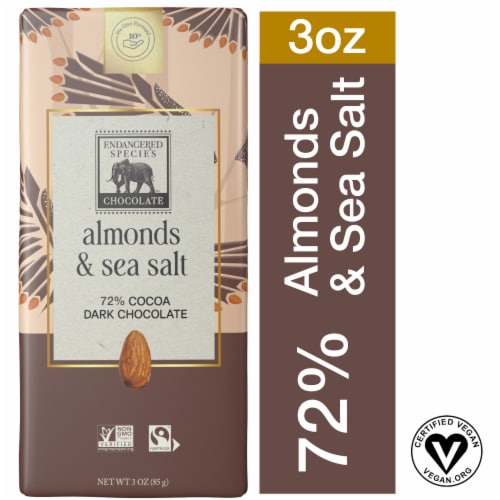 Endangered Species™ Almonds and Sea Salt 72% Dark Chocolate Candy Bar Perspective: front