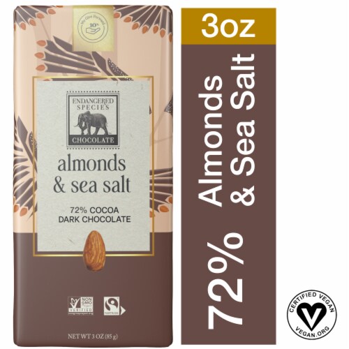 Endangered Species Almonds and Sea Salt 72% Dark Chocolate Bar Perspective: front