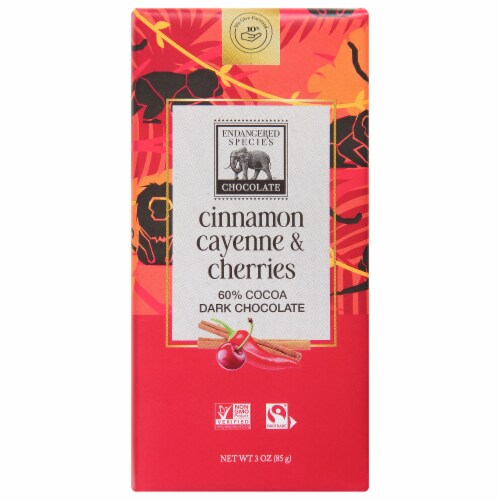 Endangered Species Cinnamon Cayenne & Cherries 60% Cocoa Dark Chocolate Bar Perspective: front