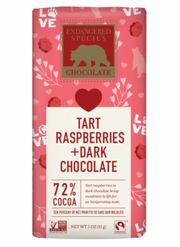 Endgngered Species Tart Raspberries + Dark Chocolate 72% Cocoa Valentines Bar Perspective: front