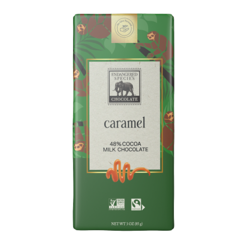 Endangered Species Chocolate Rich Caramel + 48% Cocoa Milk Chocolate Bar Perspective: front