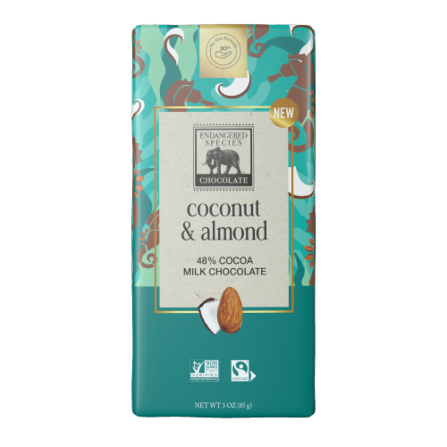 Endangered Species™ Chocolate Coconut & Almond + 48% Milk Chocolate Candy Bar Perspective: front